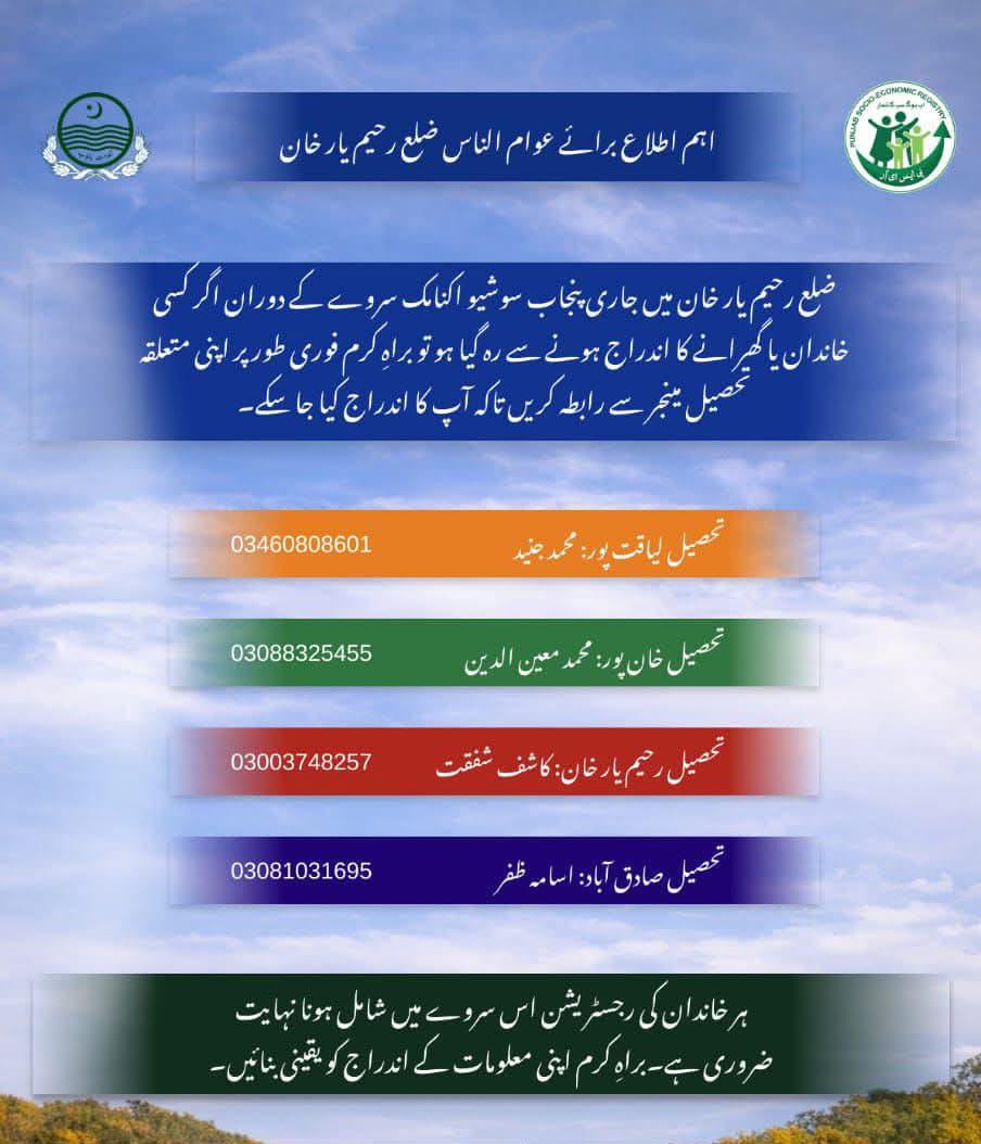 Democracy_Pearl's tweet photo. ضلع رحیم یار خان کے عوام متوجہ ہوں! جن افراد کا ابھی تک #PSER سروے مکمل نہیں ہوا وہ فوری طور پر اپنے متعلقہ تحصیل مینیجر سے رابطہ کریں۔ یہ سروے نہایت اہم ہے کیونکہ #رمضان_نگہبان_پیکج اور دیگر سرکاری اسکیموں کا ڈیٹا اسی سے لیا جائے گا۔ جن کا سروے ہو چکا ہے انہیں ضرورت نہیں https://t.co/mS36MjDriv