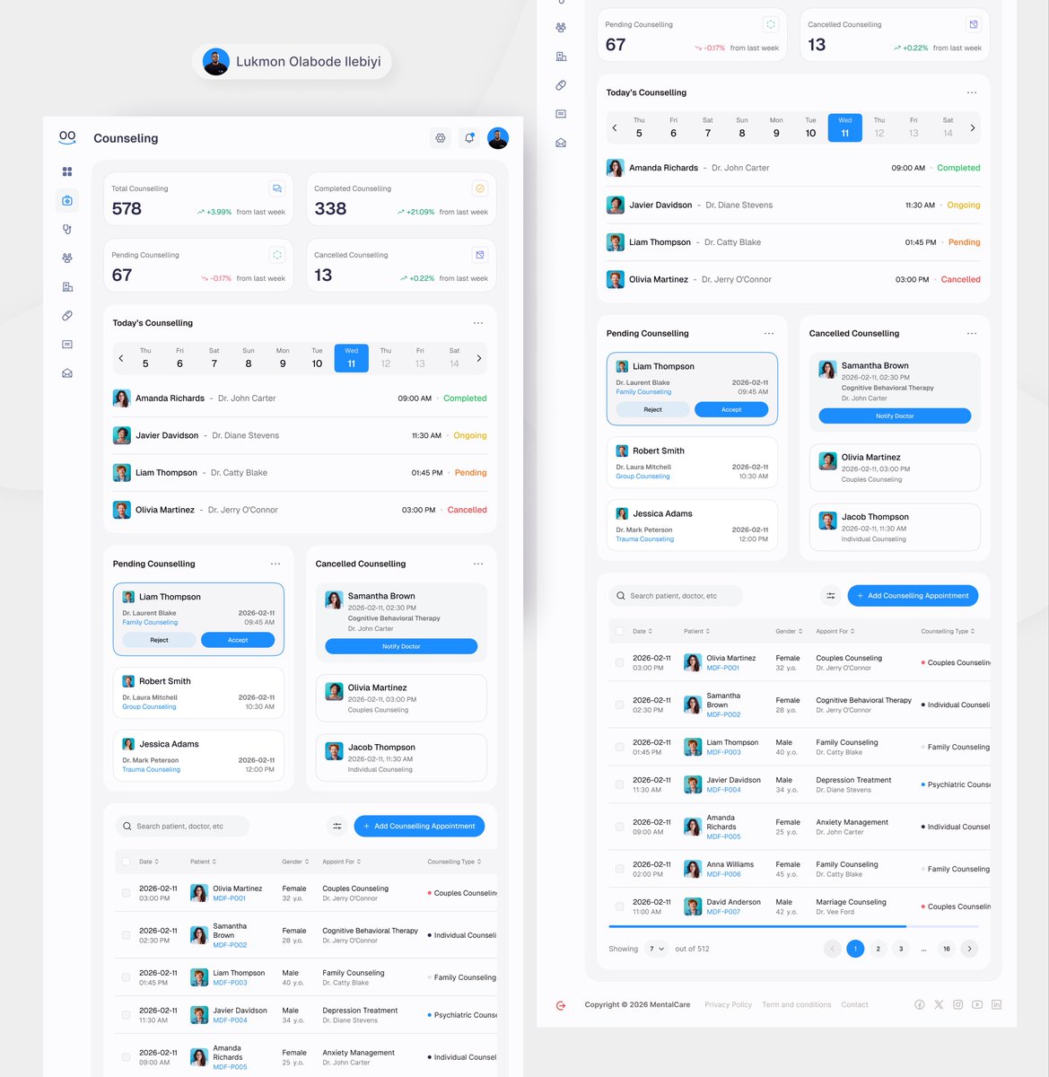 Olabodedesigns's tweet photo. Day 2 — Counselling Page ✅

The page helps mental health clinics track counselling sessions, manage appointments, monitor patient activity, and quickly handle all sessions.

Designed to work smoothly across desktop, tablet, and mobile for better accessibility and workflow. https://t.co/6CQXklC1dR
