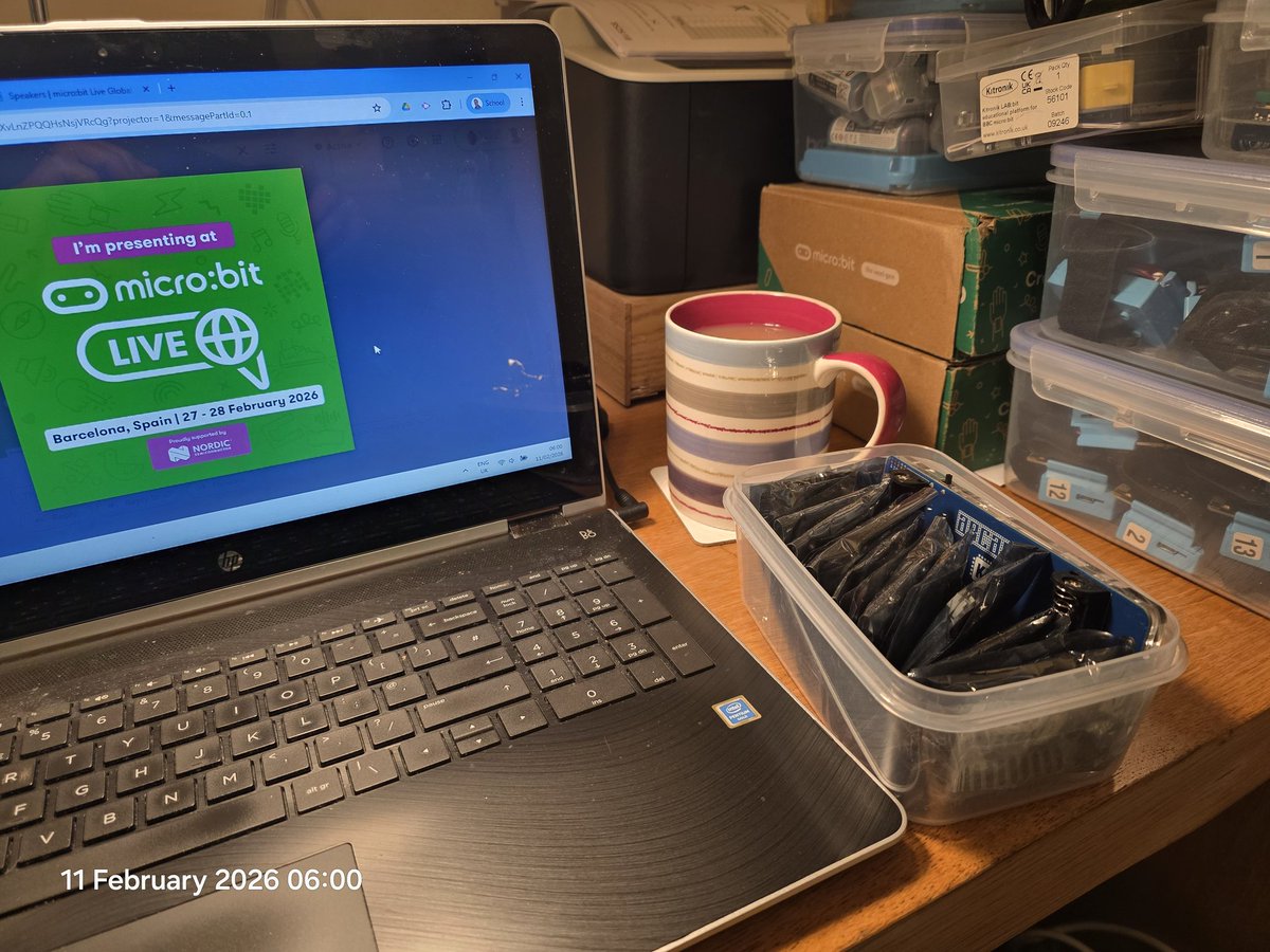 TsuiAllen's tweet photo. Sneaking out of today's #teacher5oclockclub with a #morningmugshot refilled #StuffOffMyDesk because I've realised I currently have regular access to almost 90 @microbit_edu #microbits which are on my desk right now ready for #microbitLive2026 in Barcelona at the end of this month https://t.co/dRYxztnoUL
