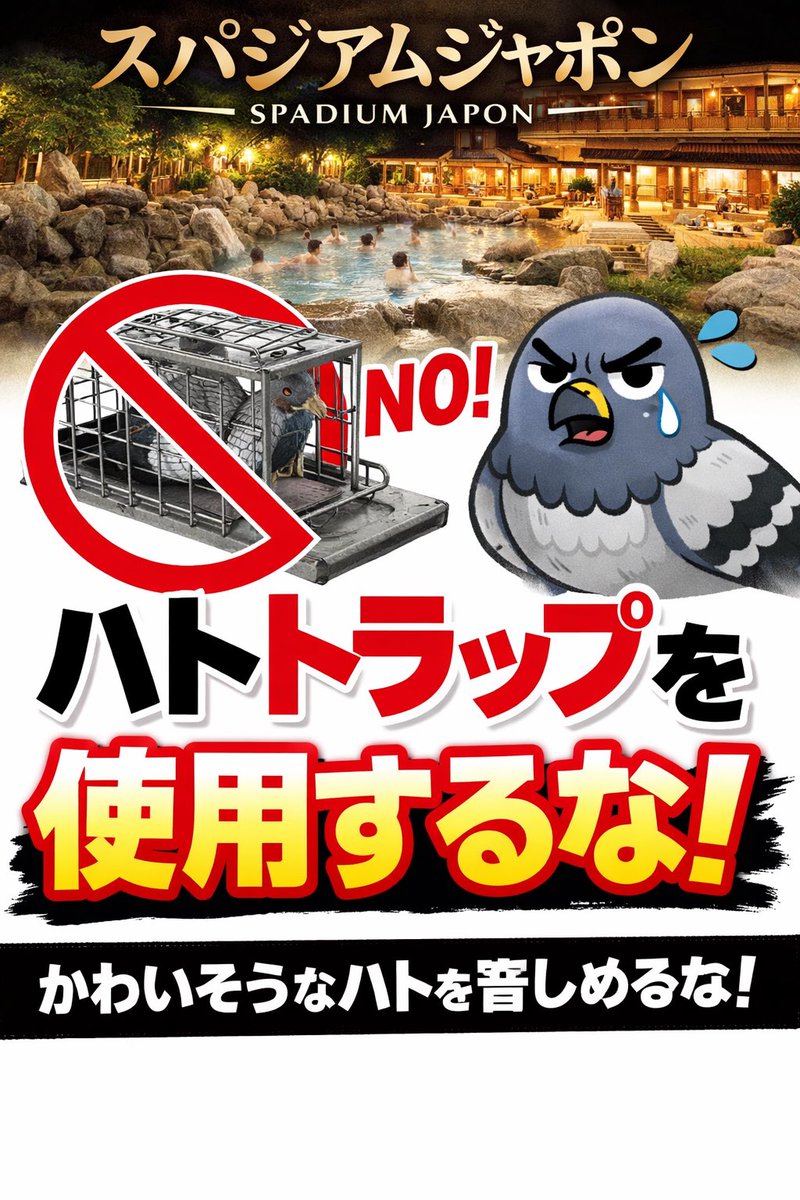 スパジアムジャポンに行く方々にお願いします🙏この施設に設置されているハトトラップを撤去するようお願いしてください🙏🙏
#ハトトラップ撤去
#スパジアムジャポン