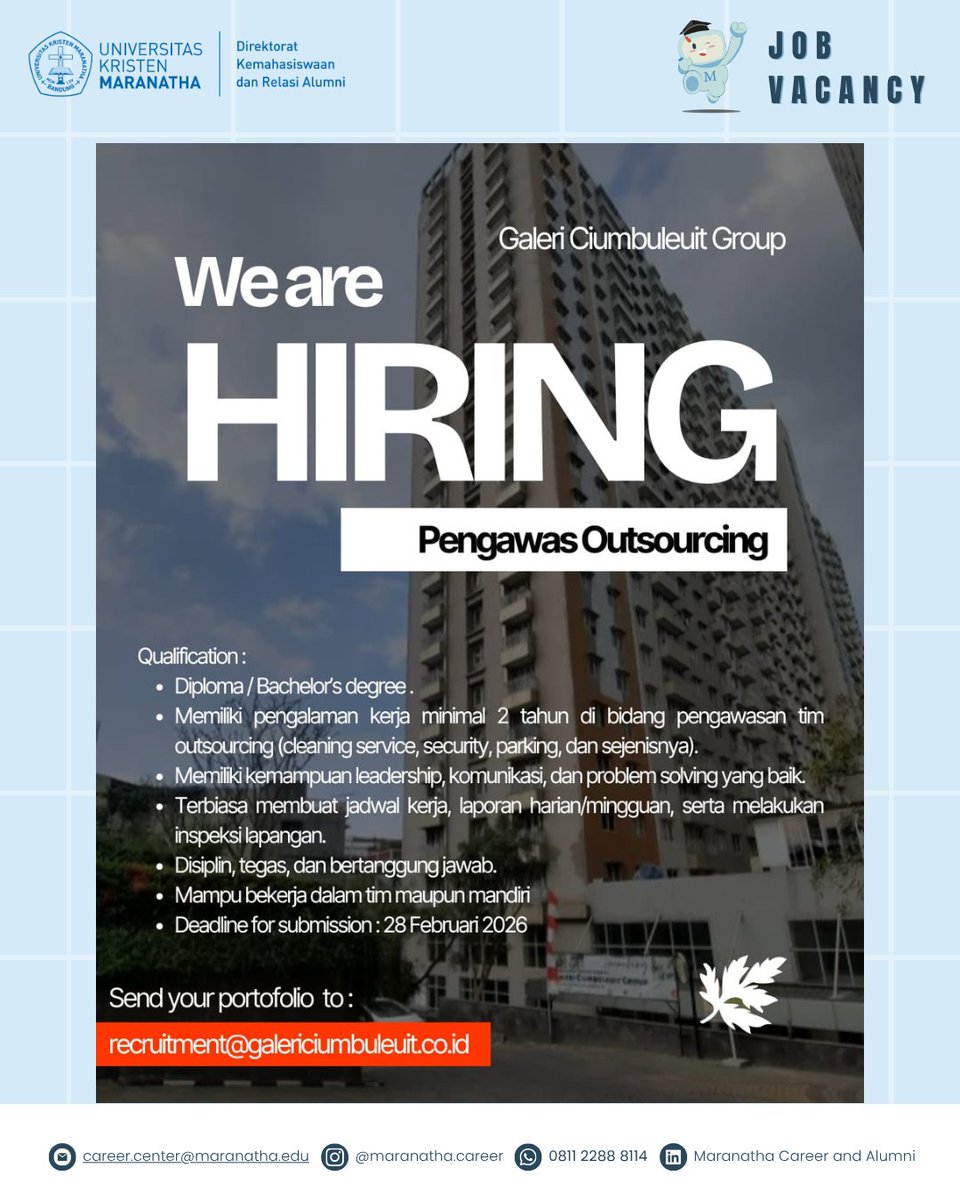 [JOB VACANCY - PT PRASADA PROPERTI INDONESIA]

Pengawas Outsourcing

Send your CV to recruitment@galericiumbuleuit.co.id

Deadline 28 Februari 2026

Untuk informasi lowongan kerja, follow sosial media kami
<a href="/maranatha/">Maranatha Volunteers International</a>.career
#alumnimaranatha #universitaskristenmaranatha