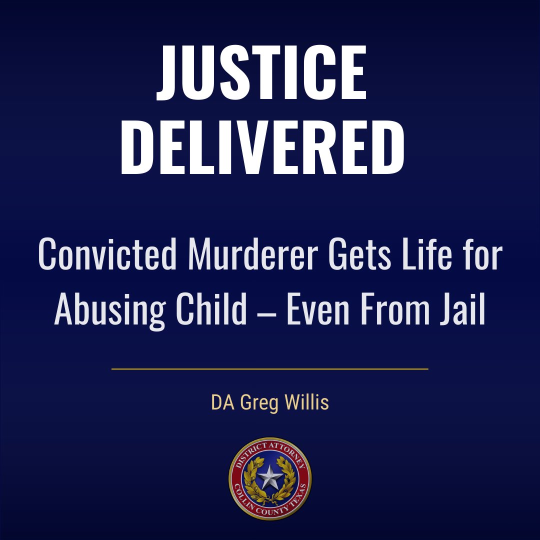 collincountyda's tweet photo. DA Greg Willis: Convicted Murderer Gets Life for Abusing Child – Even From Jail

Collin County District Attorney Greg Willis announced today that Anthony Dewayne Taylor, 46, of Frisco, Texas, was sentenced to life in prison for Sexual Performance of a Child. Taylor, a career criminal and confirmed gang member, sexually abused a child across multiple states and multiple cities in Texas.

The Crime

After being paroled on a drug trafficking charge from Oklahoma in 2020, Taylor reconnected with the victim’s family and gained access to the child. Taylor began abusing the child when she was just 14 years old and continued until she was 16 years old. This abuse occurred in multiple states and multiple cities across Texas.

In October 2022, Taylor was arrested for Murder in Oklahoma City and was held there in jail awaiting trial. Taylor ultimately pled guilty to murder in December 2024 and was sentenced to 10 years in prison (followed by 20 years parole). While awaiting trial, Taylor made numerous calls to the child from jail using a recorded line. Taylor directed the child to engage in lewd acts while the child was living in Collin County, leading to the sexual performance charges.

The Investigation

In December 2022, the child bravely out-cried to her family about the ongoing abuse, and her family reported the abuse to the @FriscoPD Department. The child was interviewed at the Children's Advocacy Center of Collin County, where she provided details about the abuse and calls. Frisco Detective Kim Pruitt secured evidence at Taylor’s house consistent with the child’s description of abuse. Detective Pruitt also coordinated with the Oklahoma City Police Department to obtain the recorded jail calls.

The Verdict and Sentence

After hearing the evidence, a Collin County jury found Taylor guilty of Sexual Performance of a Child. During the punishment phase of trial, the jurors heard testimony about Taylor’s criminal history going all the way back to 1999, including the details of Taylor’s murder conviction. Due to his prior felony conviction, Taylor faced a punishment range of 5 to 99 years or life in prison. The jury sentenced Taylor to life in prison and assessed a $10,000 fine. Judge Richard Davis presided.

Statement from DA Greg Willis

“This convicted murderer continued to prey on a child even from behind bars. A Collin County jury saw the full picture and delivered the only sentence that protects the public and our children - life in prison,” said Willis following the verdict.

Prosecution Team

Assistant Criminal District Attorneys Anthony D’Amore and Claire Mosley prosecuted the case, assisted by District Attorney Investigator Sarah Putman and Victim Assistance Coordinator Jill Moore.

https://t.co/Nvro08jRiV

#PursuingJustice #ProtectingOurCommunity #CollinCountyDA #CollinCounty