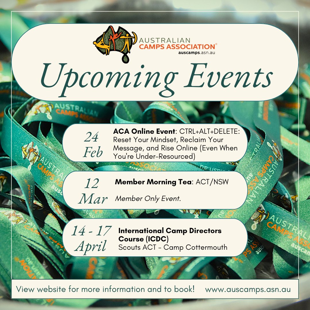 AustCamps's tweet photo. Our events calendar is continually updated with new opportunities for connection and learning. Check out the website today to see what we've got coming up: https://t.co/Yuly7Jhjzt https://t.co/GZS12kA844