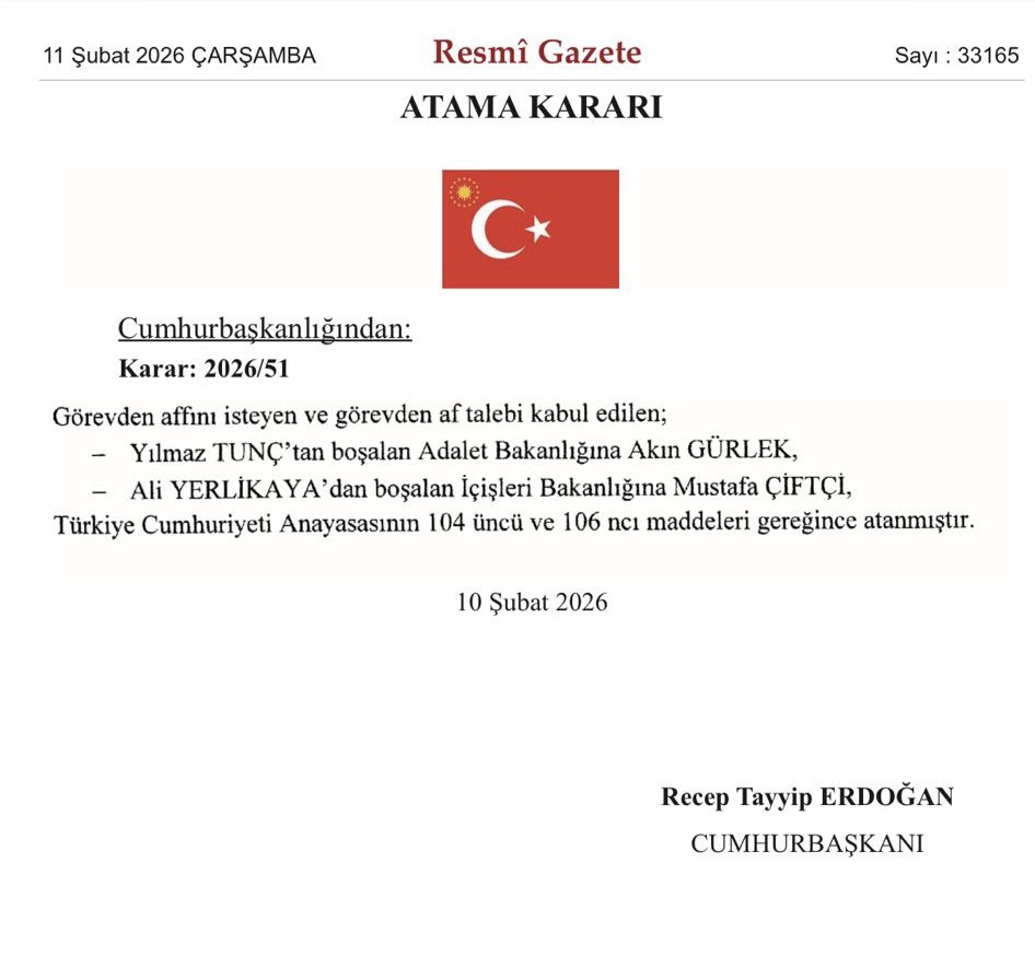 Sayın Cumhurbaşkanımızın tensipleriyle,
Adalet Bakanlığına atanan Sayın Akın Gürlek ve İçişleri Bakanlığına atanan Sayın Mustafa Çiftçi’yi tebrik ediyor, görevlerinde başarılar diliyorum.

Görev süreleri boyunca devletimize ve milletimize önemli hizmetlerde bulunan Sayın Yılmaz
