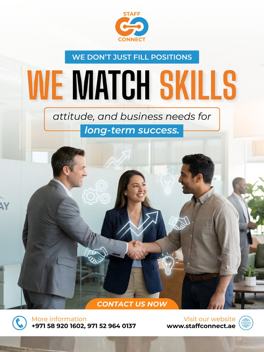 staffconnectuae's tweet image. We don’t just fill positions , we connect the right skills, right attitude, and right business needs to build teams that last.
Because true success comes from the perfect fit, not just a quick hire.

🌐 staffconnect.ae

#staffconnect #talentsolutions #smarthiring