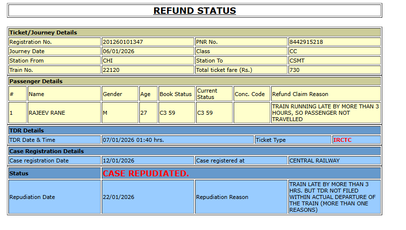 kingamit's tweet photo. @AshwiniVaishnaw  This is Pure scam by IRCTC. When Train is late by 3 hours and i didnt travel on train still Rejecting the refund saying TDR not file within actual departure. Pure Nonsense !! https://t.co/Ycbp7Gx0lH