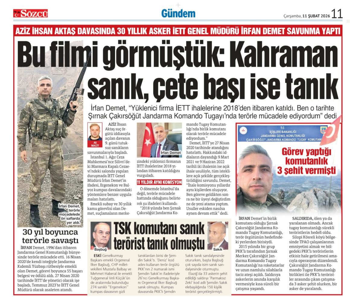 Bu filmi görmüştük: Kahraman sanık, çete başı ise tanık

İrfan Demet, “Yüklenici firma İETT ihalelerine 2018’den itibaren katıldı. Ben o tarihte Şırnak Çakırsöğüt Jandarma Komando Tugayı’nda terörle mücadele ediyordum” dedi.

İrfan Demet, 1996’dan itibaren Jandarma Genel