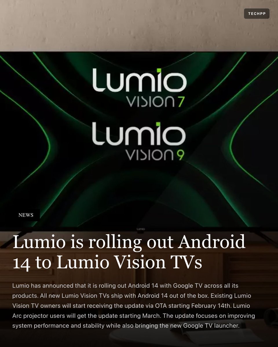 techpp's tweet image. Lumio is rolling out Android 14 to Lumio Vision TVs

#Lumio #Android14 #GoogleTV #SmartTV #Projector