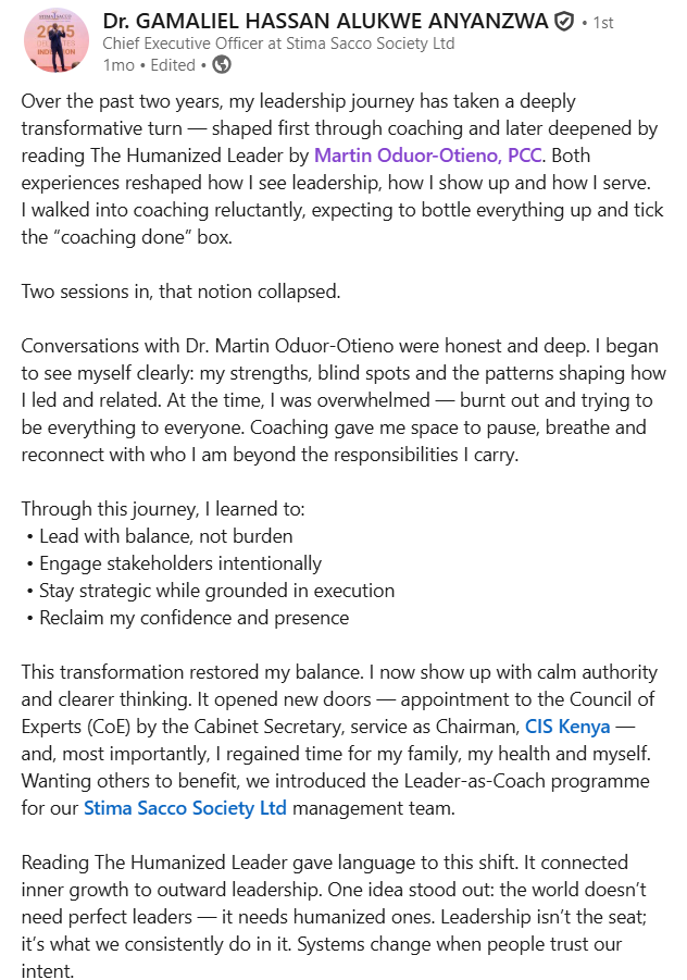 OduorMartinO's tweet photo. "Leadership isn't the seat; it's what we consistently do in it."
Dr. Gamaliel Anyanzwa, CEO of @stimasacco, after reading #TheHumanizedLeader.
That's the entire book in one sentence.
Read post: https://t.co/KjW9Pv92j0
📘 Get the book: https://t.co/6Mh428ukvX https://t.co/8gHMkQ8slL