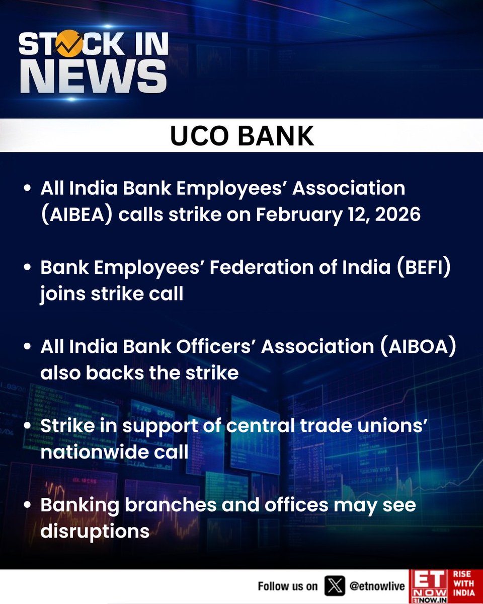 ETNOWlive's tweet photo. #StockInNews | Bank unions AIBEA, BEFI and AIBOA have called a nationwide strike on February 12, 2026, in support of central trade unions, with banking operations likely to be affected
#BankStrike #AIBEA #BEFI #AIBOA #BankingSector #IndiaNews #BusinessNews https://t.co/DEaWTB8LsS