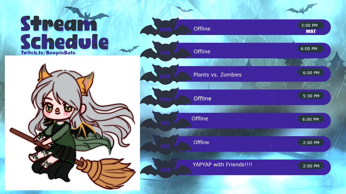 Stream schedule for the week! I have a lot of stuffs this week irl so I will not be able to stream too much!