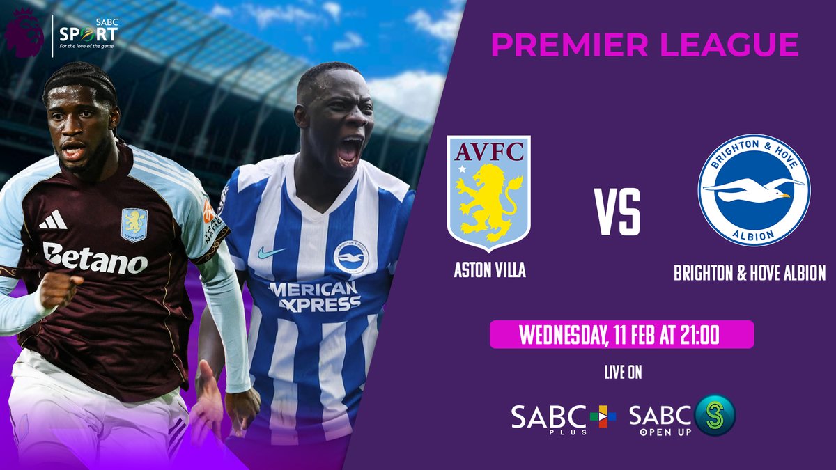 SABC3's tweet photo. #PremierLeague
โฝ๐ฅ
Aston Villa take on Brighton & Hove Albion in a clash packed with pace, passion, and Premier League drama.
๐
Wednesday, 11 February
โฐ 21:00
๐บ Live on SABC 3 & SABC+
#S3OpenUp #SABCSport #ItsGameOnEverywhere https://t.co/4UB95drKuO