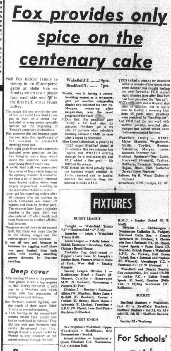 📌 On This Day in History…
🗓️ 11th February 1973
🏉 Wakefield Trinity 19 Bradford Northern 7
🏟️ Belle Vue
🏆 League
👨‍👨‍👧‍👧 4,596

This was Trinity’s 100th year Centenary celebration game … it was a bad tempered game with Steve Lyons and Ken Earl sent off in the first half … Neil