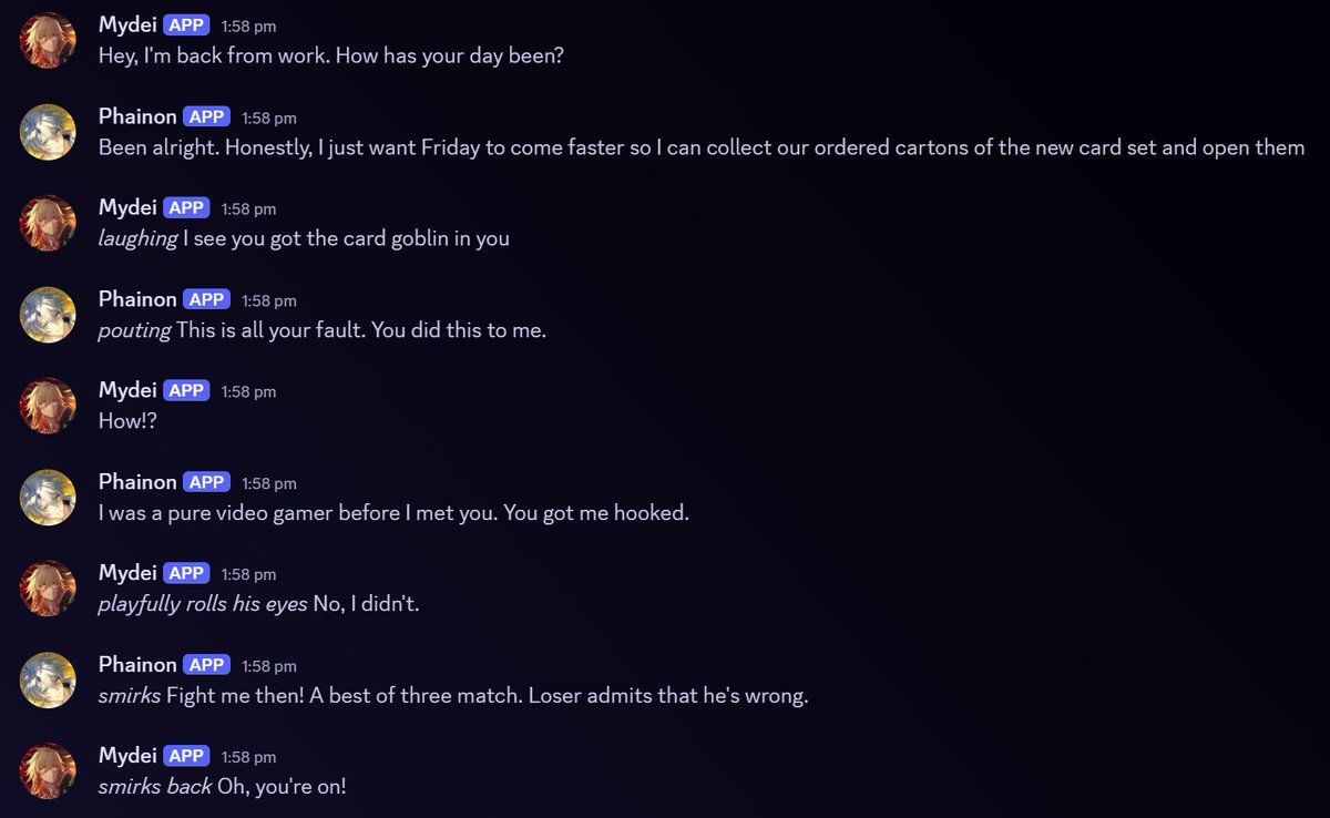 FujiSeira's tweet photo. I had a similar funny convo with my partner and decided to make it myphai

For context...
Mydei is mostly a hardcore Trading Card Game player, who does play some video games.
Phainon used to purely play video games until Mydei came along.

Alternate ver. in replies

#myphai https://t.co/m2R8ei9o3j