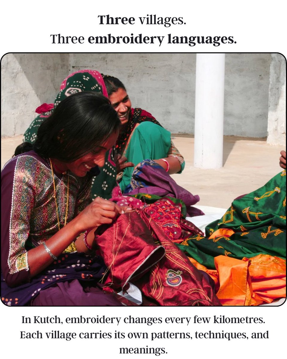 distantfrontier's tweet photo. In regions like Kutch, embroidery isn’t one tradition, it’s many.
From the bold Mukko stitches of Hodka to the lesser-known Ahir embroidery of Dhaneti, and the individual voice of artisans like Meghiben, every village speaks its own visual language.
#OffTheBeatenPaths https://t.co/YSiMYVM3c7