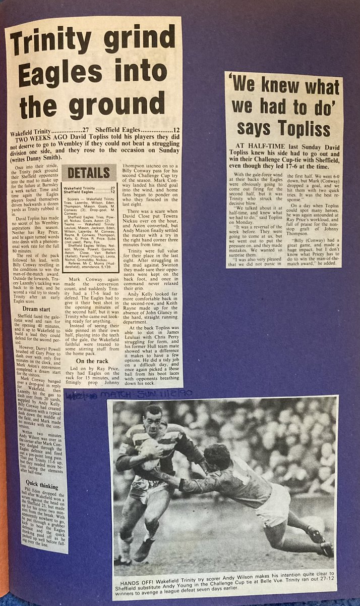 📌 On This Day in History…
🗓️ 11th February 1990
🏉 Wakefield Trinity 27 Sheffield Eagles 12
🏟️ Belle Vue
🏆 RL Challenge Cup Rd1
👨‍👨‍👧‍👧 5,139

In the mud, wind and rain, Trinity finally beat the Eagles in 1989-90 … their defence was the winner with the backs capitalising on their