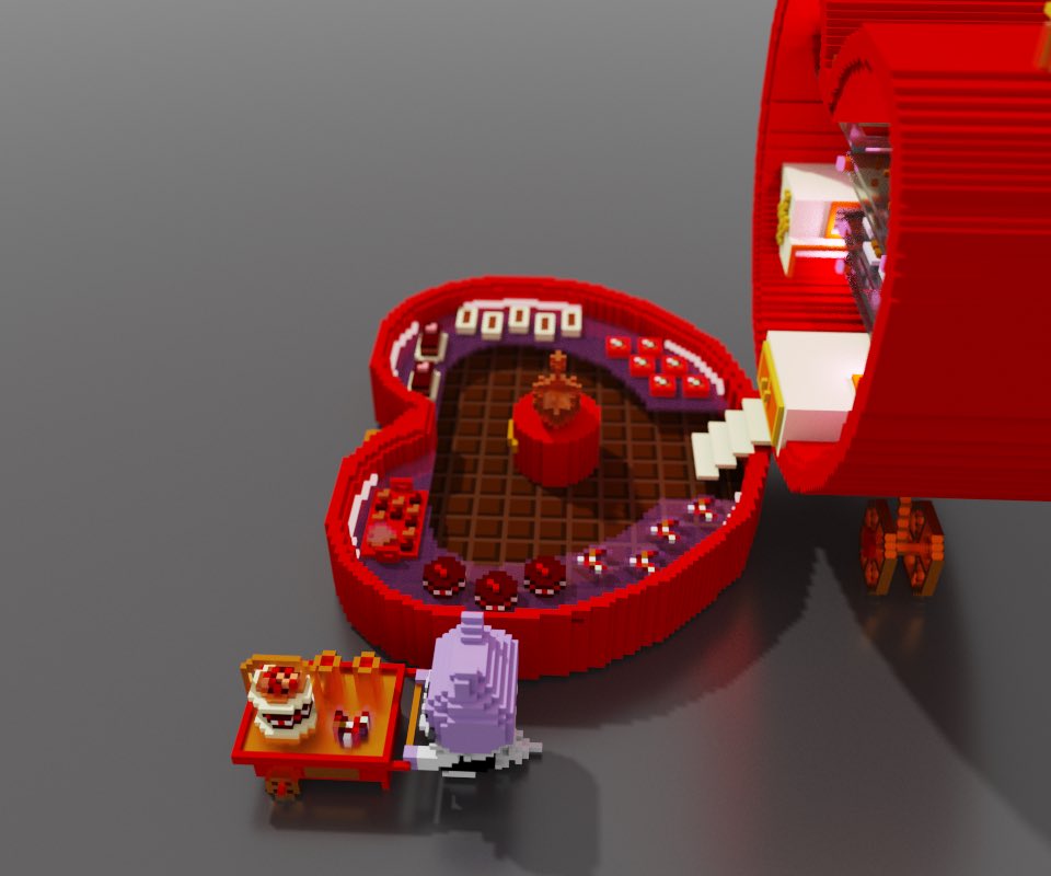 チョコレート工場になっているキャリーケース🍫👜
工場から店頭まで出来たてをお届け❣️

 #ドット絵バレンタイン #voxelart #ボクセルアート #magicavoxel