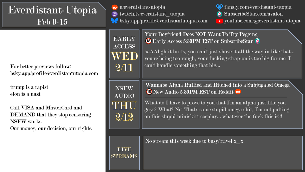 ~🏰Avalon Weekly🏰~

This week: OOPS ALL [MSUB] [NON-CON], please enjoy listening to me get bullied until I break @-@

Things are a bit chaotic this week so there will probably be no stream until Sunday at the earliest ><;