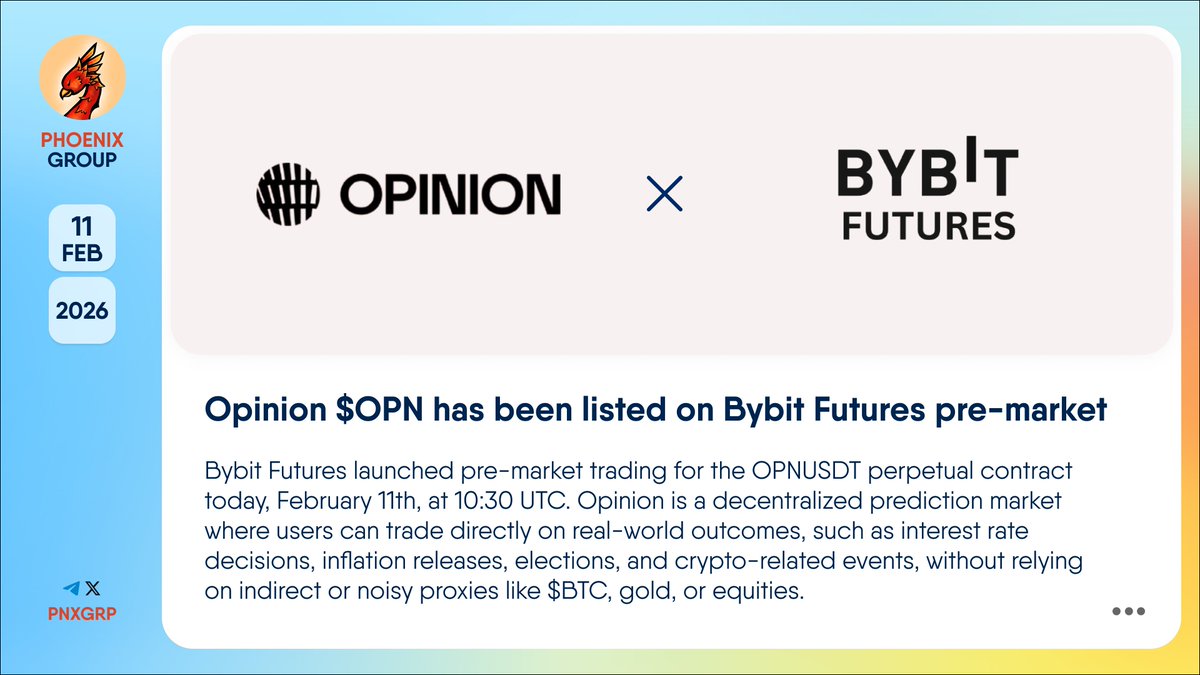 pnxgrp's tweet photo. 🔥 @Opinionlabsxyz $OPN has been listed on @Bybit_Official Futures pre-market

#BybitFutures launched pre-market trading for the OPNUSDT perpetual contract today, February 11th, at 10:30 UTC.

$OPN pre-market metrics:
Price - $0.51
FDV - $510M

#Opinion is a decentralized prediction market where users can trade directly on real-world outcomes, such as interest rate decisions, inflation releases, elections, and crypto-related events, without relying on indirect or noisy proxies like $BTC, gold, or equities.

👉 https://t.co/tJdy2tI1ZN