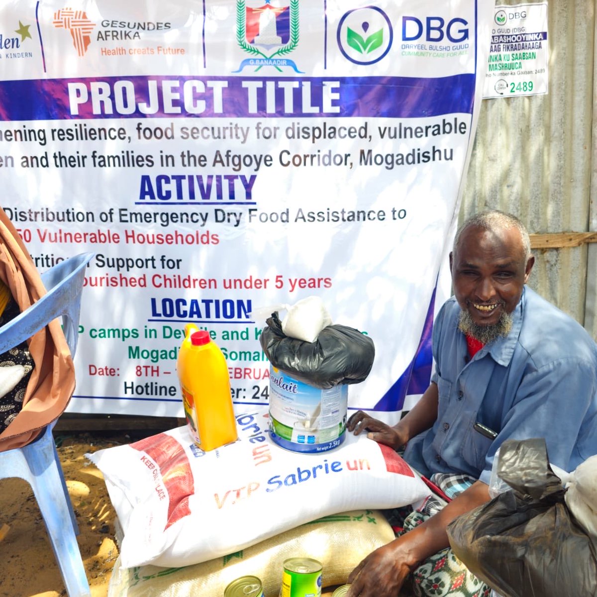 DBGGSomalia's tweet photo. DBG (9–13 Nov 2025), with BRA support, reached 250 vulnerable HHs with emergency dry food &amp; 800 malnourished U5 children with nutrition aid across 23 IDP camps in Deynile &amp; Kahda, Mogadishu  funded by #GesundeAfrica.
Boosting resilience in the Afgoye Corridor.
#FoodSecurity https://t.co/o3sIlQ46qh