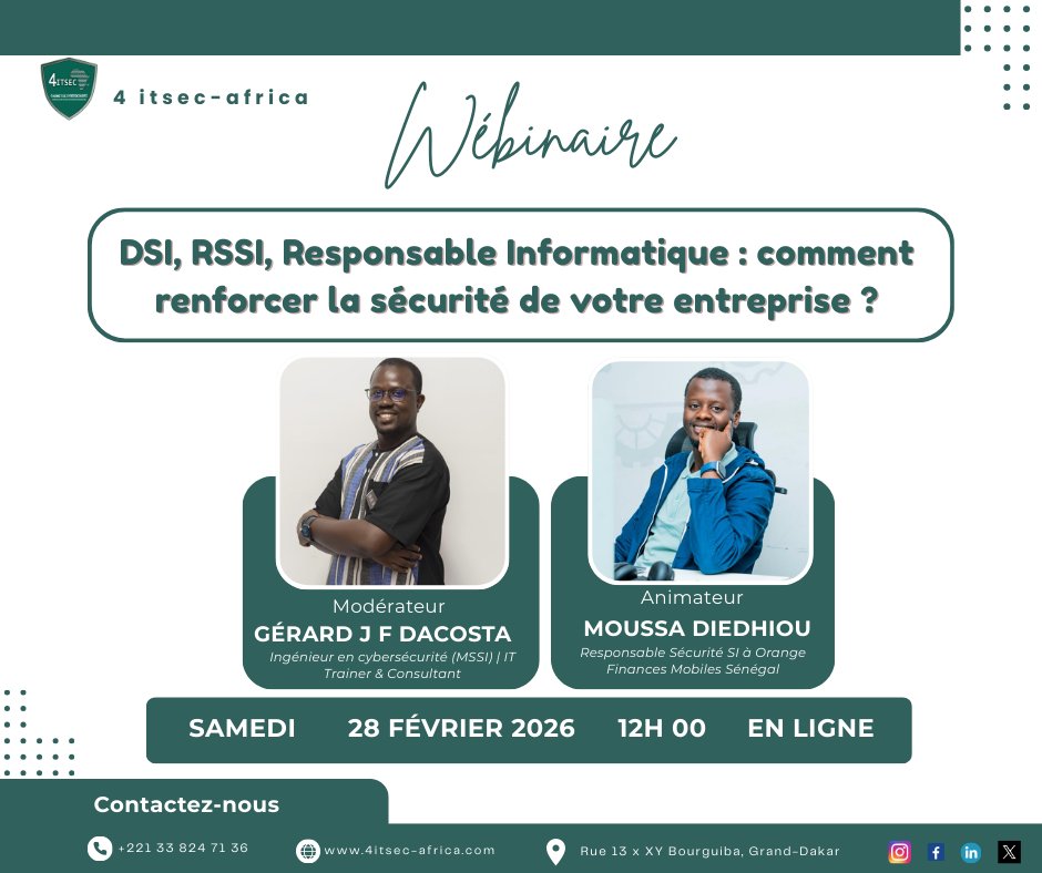 4ITSECAFRICA's tweet photo. Cher réseau,
Vous êtes DSI, RSSI ou Responsable Informatique ?
 Nous vous invitons à participer à notre webinaire .

 🔗 Inscription : https://t.co/iIih00g7Xz

#CybersécuritéAfrique #CyberSenegal  #Sensibilisation #4itsecAfrica https://t.co/kC1q5hXaP3