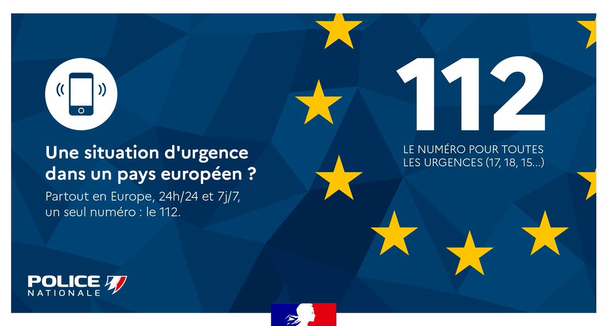 #JournéeEuropéennedu112 | Le #112 est le numéro d’𝐮𝐫𝐠𝐞𝐧𝐜𝐞 européen ☎️, gratuit et disponible 24 / 7, pour joindre la police 🚓,  les pompiers 🚒 et les urgences médicales 🚑.
✅ Un seul numéro pour sauver des vies ... Chaque seconde compte 👍