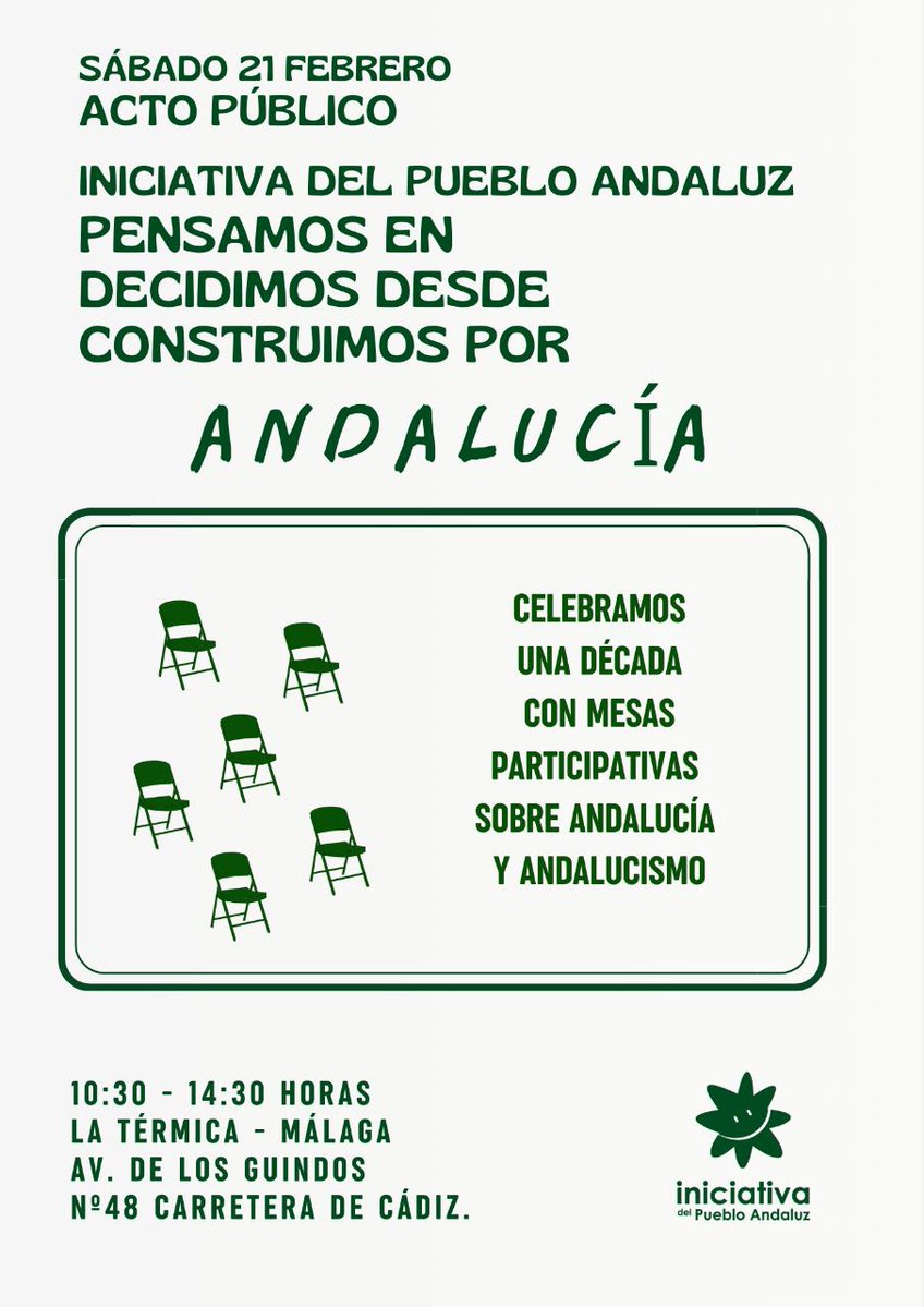 Cumplimos 10 años y vamos a celebrarlo con mucho andalucismo.

Pensamos en Andalucía, decidimos desde Andalucía y construimos por Andalucía.

Mesas sobre las izquierdas territoriales, sobre federalismo y sobre Andalucía. 

📌 Sábado 21 de febrero en La Térmica, Málaga.