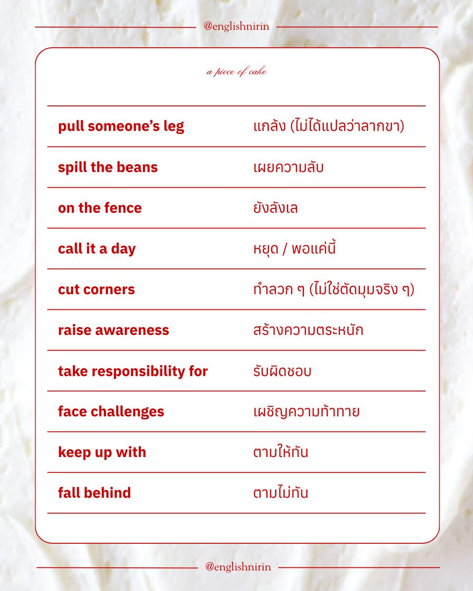 มาเปลี่ยน Idioms ยาก ๆ ให้เป็น a piece of cake กันเถอะ🍰🍓
.
🍭ติว TGAT ENG &amp; A-Level ENG อัพคะเเนน 80-90+
อัพคะแนนปัง ๆ กับพี่หมอนิริน : <a href="/englishnirin/">TGAT & A-LEVEL ENG - พี่หมอนิริน #DEK69 70 71</a>
.
🍭ติวฟรีใน Youtube พี่หมอนิริน ข้อสอบเก่า ปูพื้นฐาน
สอน Vocab เสิร์ช “English Nirin” ได้เลย
.
#DEK69 #TCAS69 #ALEVEL69 #ALEVEL