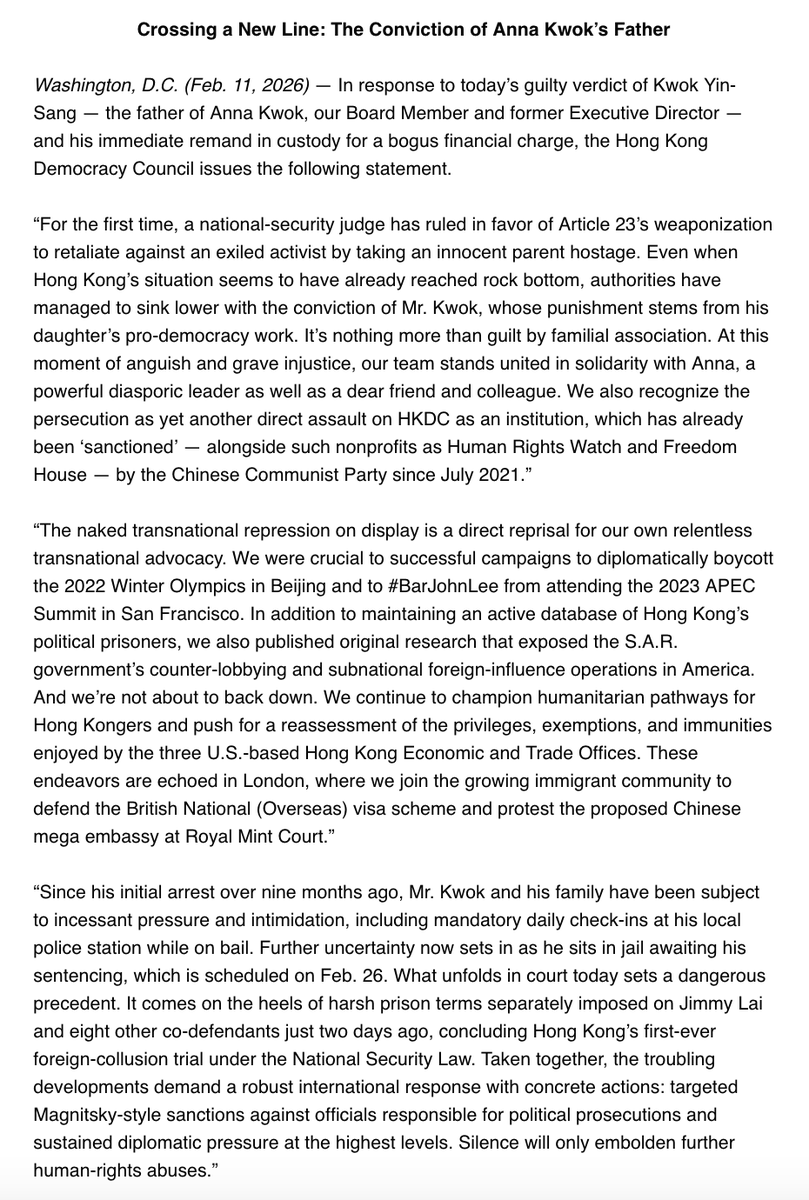 hkdc_us's tweet photo. HKDC on the conviction of the father of HKDC's @AnnaKwokFY in #HongKong. In response to this retaliatory #TransnationalRepression, we call for targeted Magnitsky-style sanctions against officials responsible for political prosecutions &amp; sustained highest-level diplomatic pressure https://t.co/sYuOfWQtqO