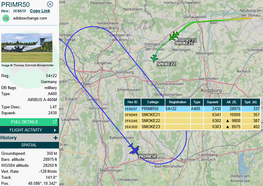 SirListenalot's tweet photo. ~0855z #A400 #PRIMR50 refueling #EUFI's #SMOKE21-23 out of Neuburg
~1010z PRIMR50 leaving the anchor. Its final receivers were some Spanish #F18's #AME1503 en route Šiauliai, Lithuania - Zaragoza, Spain https://t.co/CGI3p8HGwd