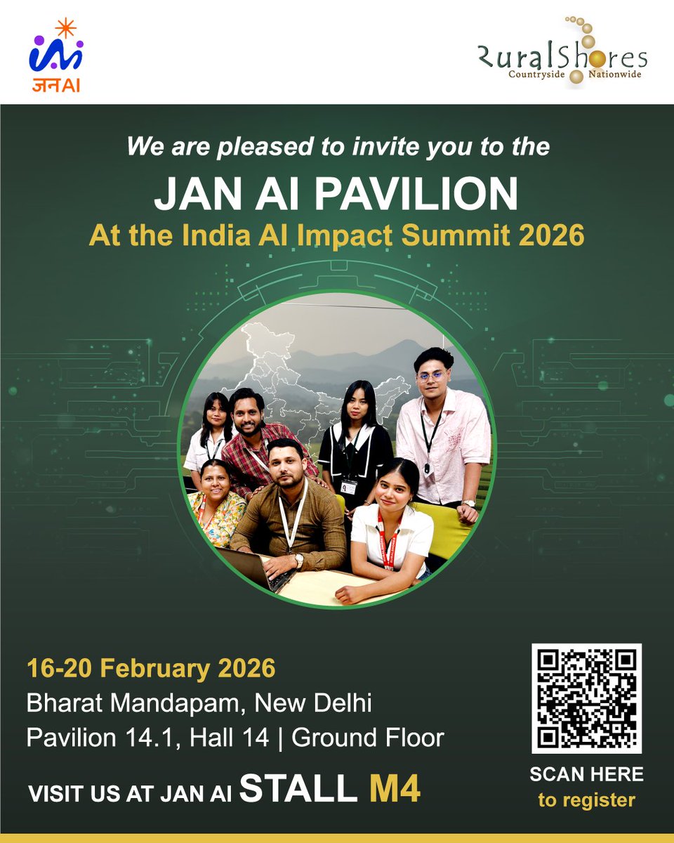 RuralshoresO's tweet photo. AI is powerful. With the right talent model, it becomes transformative.
RuralShores is at the JAN AI Pavilion, India AI Impact Summit 2026 (16–20 Feb, Bharat Mandapam, New Delhi).
Visit us at Pavilion 14.1, Hall 14 | Stall M4
#IndiaAI #RuralShores #AIForImpact #ImpactSourcing https://t.co/UackXaVw9u