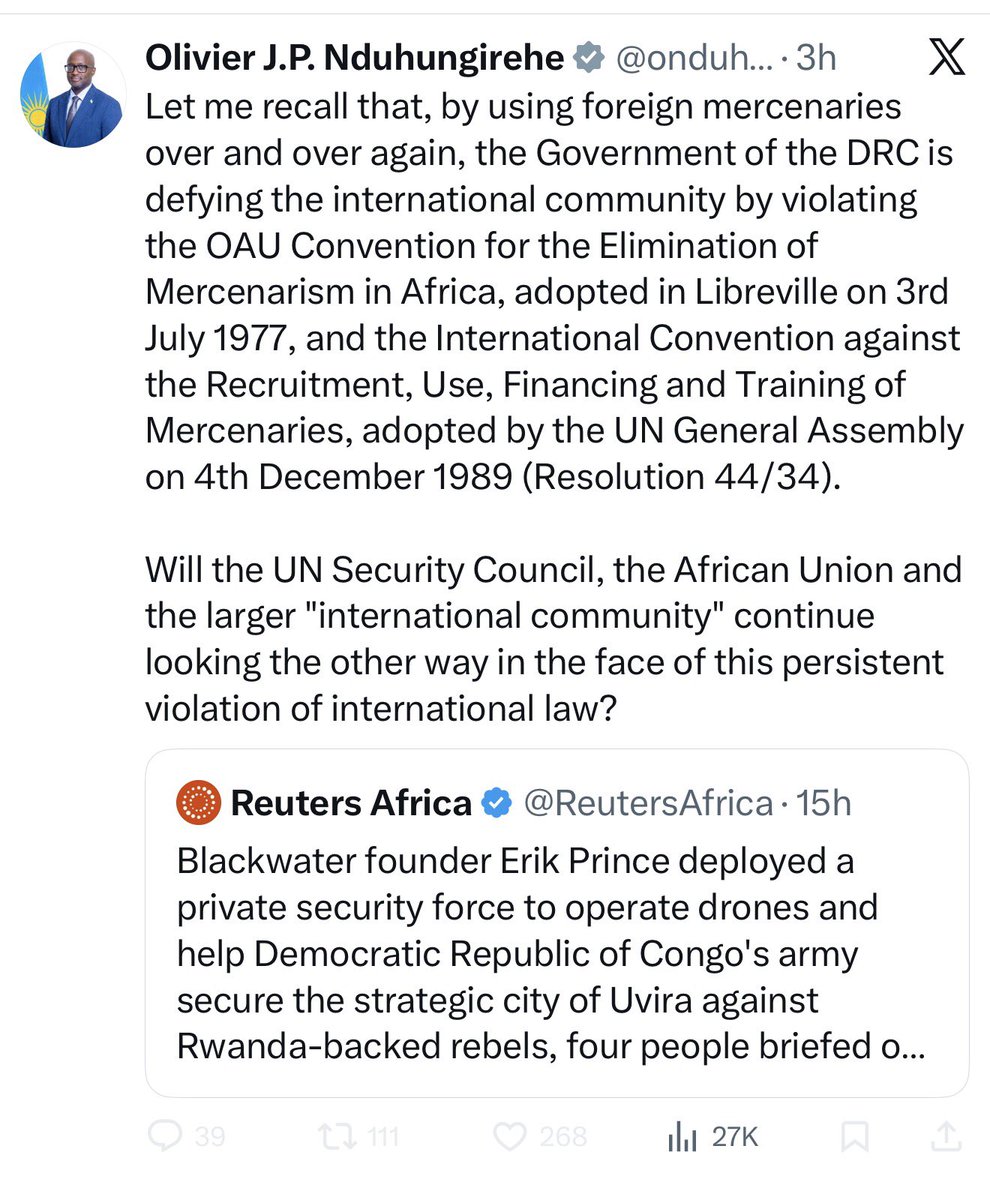 Mr <a href="/onduhungirehe/">Olivier J.P. Nduhungirehe</a> Let me recall that, by using armed militia groups over and over again, the <a href="/RwandaGov/">Government of Rwanda</a> is destabilising the region and defying the international community by violating the 1963 OAU Charter principles on respecting sovereignty, territorial integrity and
