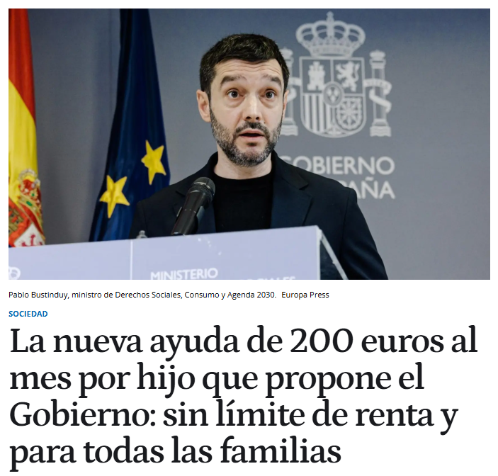 Dar 200 euros al mes por hijo es una de las peores medidas natalistas.

El principal problema es que fomentará el parasitismo de las capas de población que ya están parasitando al resto.

Tiene mucho más sentido rebajar el IRPF pagado por cada hijo que se tenga. La razón: sólo