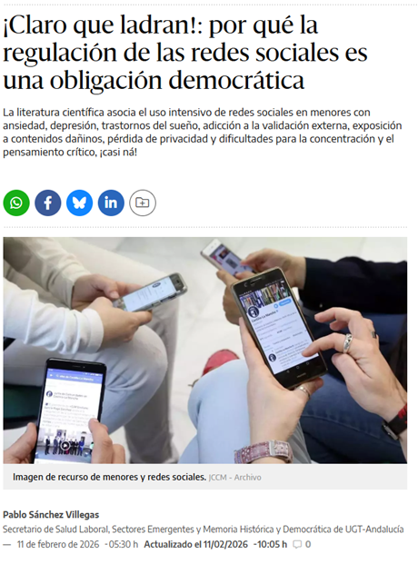 📱 El uso intensivo de redes sociales está ligado a ansiedad, depresión, adicción y problemas de concentración, especialmente en menores.

Regularlas no es censura. Es una obligación democrática.

✍️ Artículo de Pablo Sánchez Villegas <a href="/PabloSVillegas/">Pablo Sánchez Villegas</a> 

📰 eldiario.es/andalucia/en-a…