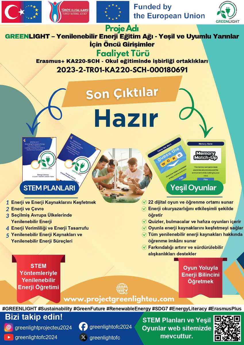 muglaedutr's tweet photo. 🎓 Öğren | 🎮 Oyna | 🌱 Dönüştür

🌿 Muğla Sıtkı Koçman Üniversitesi koordinatörlüğünde yürütülen ERASMUS+ GREENLIGHT proje çıktıları yayında:

📚 Yenilenebilir enerji veritabanı | 🎓e-öğrenme modülleri | 🎮 dijital oyunlar | 🔬 STEAM atölyeleri

🤝Proje; Menteşe Şehit Mehmet Çetin Anadolu İmam Hatip Lisesi (Türkiye), University of Minho (Portekiz), Liofyllo Social Cooperative Enterprise (Yunanistan), Agrupamento de Escolas Alberto Sampaio (Portekiz) ve DSU - RCSOO Nikola Karev Strumica (Kuzey Makedonya) ortaklığında yürütülmektedir.

🔎 Tüm içerik ve çıktılar: https://t.co/nya5BAwiXB
Instagram @greenlightprojecteu2024
X @greenlightofc 
Facebook @greenlightofc2024
YouTube @greenlightofc2024

#GREENLIGHT #Sustainability #GreenFuture #RenewableEnergy #SDG7 #EnergyLiteracy #ErasmusPlus