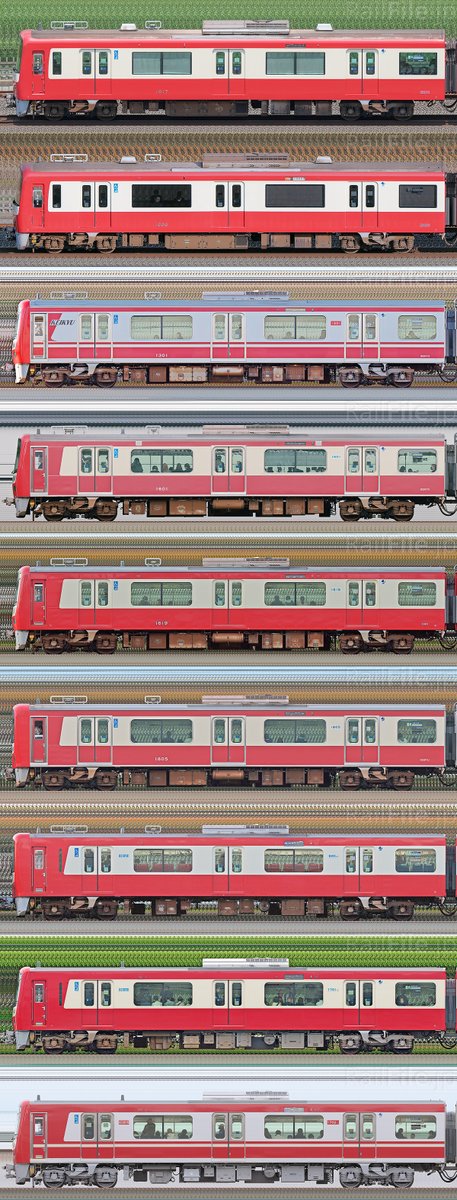 【比較ビュー】京急新1000形（1次車から23次車まで）

車体構造とカラーリングの違いで主なものを並べてみました

（床下機器の違い，車両メーカーによる差異，更新の有無を入れると更に細かく分かれます）

railfile.jp/keikyu/series/…