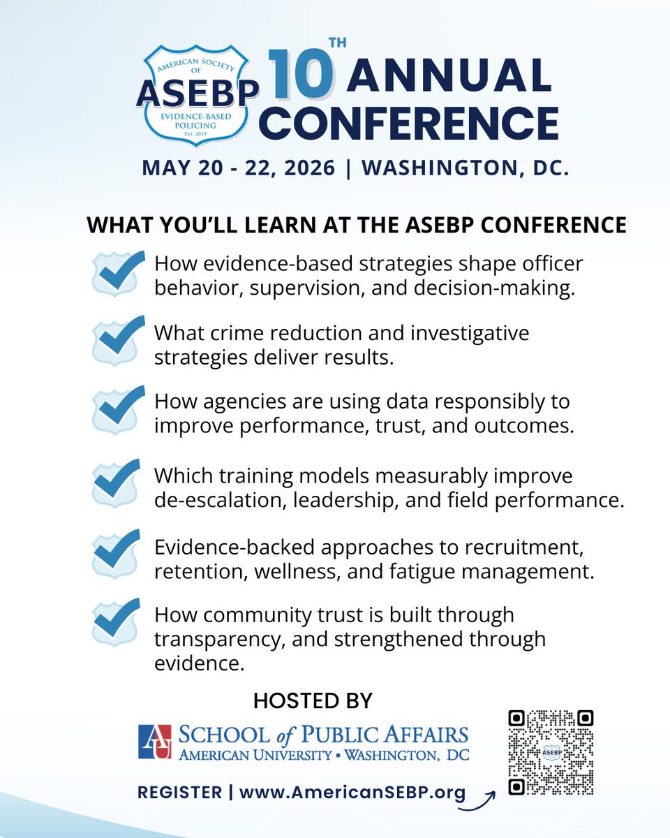 EBpolicing's tweet photo. Early Bird registration is open for the 10th Annual ASEBP Conference, taking place May 20–22, 2026, and hosted by American University in Washington, D.C.
Be part of this year’s conversation, and register today at https://t.co/v2qnTNtays
#EvidenceBasedPolicing #PublicSafety https://t.co/otGfxg7Kqs