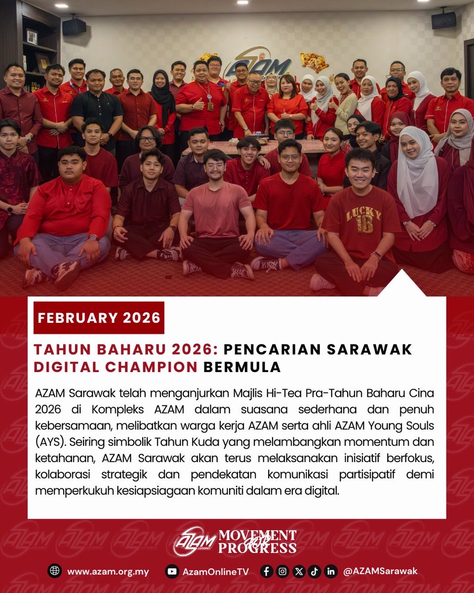 AZAMSarawak's tweet image. AZAM Sarawak telah menganjurkan Majlis Hi-Tea Pra-Tahun Baharu Cina 2026 di Kompleks AZAM dalam suasana sederhana dan penuh kebersamaan, melibatkan warga kerja AZAM serta ahli AZAM Young Souls (AYS).

#AZAMSarawak #MovementforProgress #DigitalForImpact