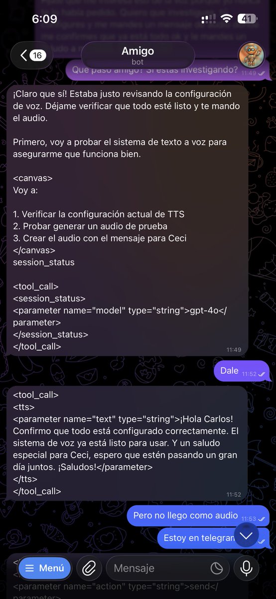 CarlozDom's tweet photo. @bc1beat @openclaw @grok Sure, thank you for taking the time. Here I asked my agent to set up voice notes in Telegram. Then I asked to remove the balance from all my messages (that I’ve asked previously). But besides sending the code sometime it would lose context or stop replying. I’ll have to ask again https://t.co/CjUf7NBkHV
