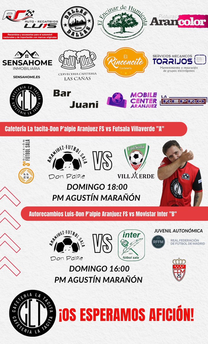 PARTIDOS DEL FINDE🙌

Doble encuentro en la tarde del domingo por parte de nuestro Juvenil y Senior en el Agustín Marañón.

#VamosDonpal❤️
#HacerHistoria