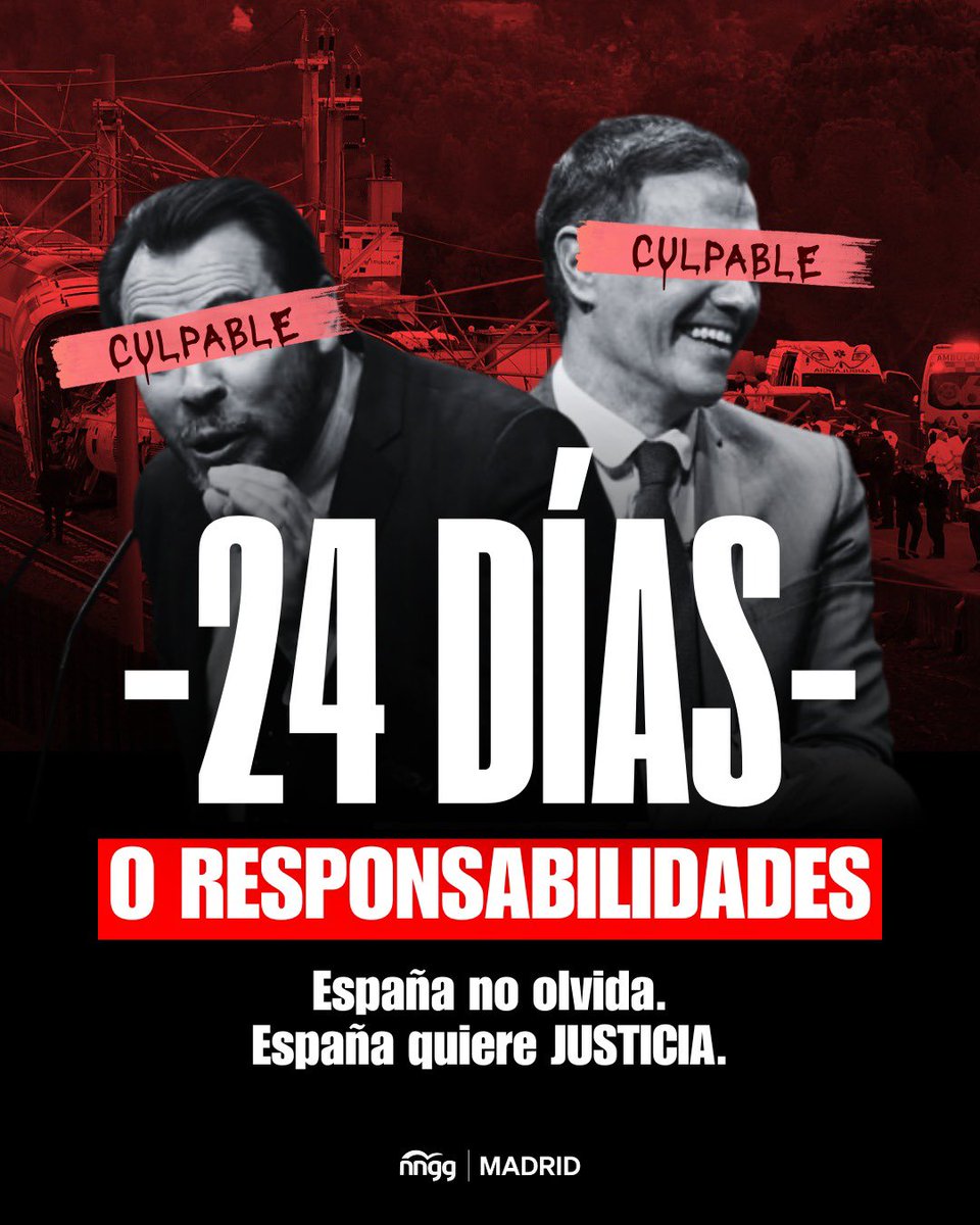 24 días han pasado desde que 46 familias de toda España perdieran a sus seres más queridos en el accidente de Adamuz. 

24 días escuchando mentiras y excusas de los únicos responsables: Puente, Sánchez y los cómplices de su gobierno.

España NO olvida.
España quiere JUSTICIA.