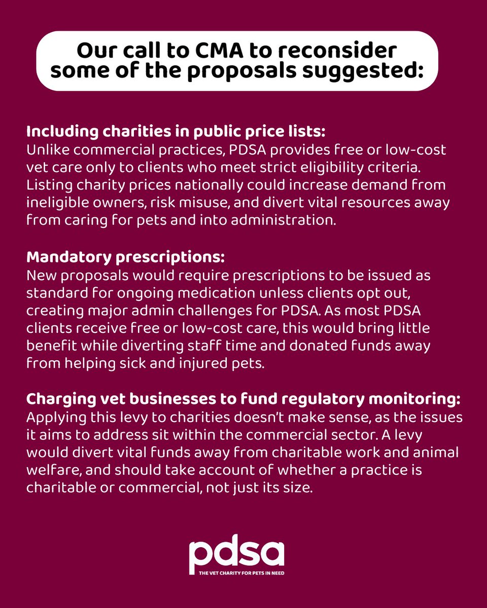 We're urging <a href="/CMAgovUK/">Competition & Markets Authority</a> to reconsider proposals applying commercial remedies to charities, where they may bring little benefit to clients &amp; risk impacting vital services. 

We've shared our concerns directly &amp; in an open letter to <a href="/vettimesuk/">Vet Times</a>: pdsa.me/WN6k