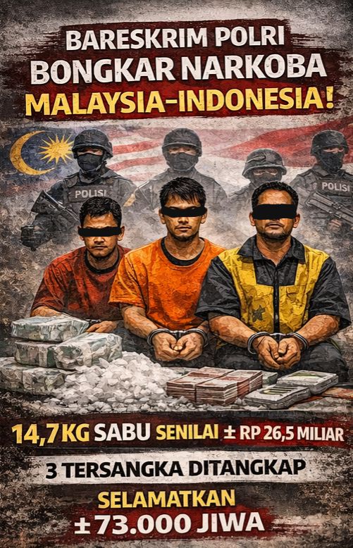 Polri berhasil gagalkan 14,7 kg sabu jaringan Malaysia-Indonesia. Selamatkan 73.000 jiwa generasi bangsa. Bravo Polri!