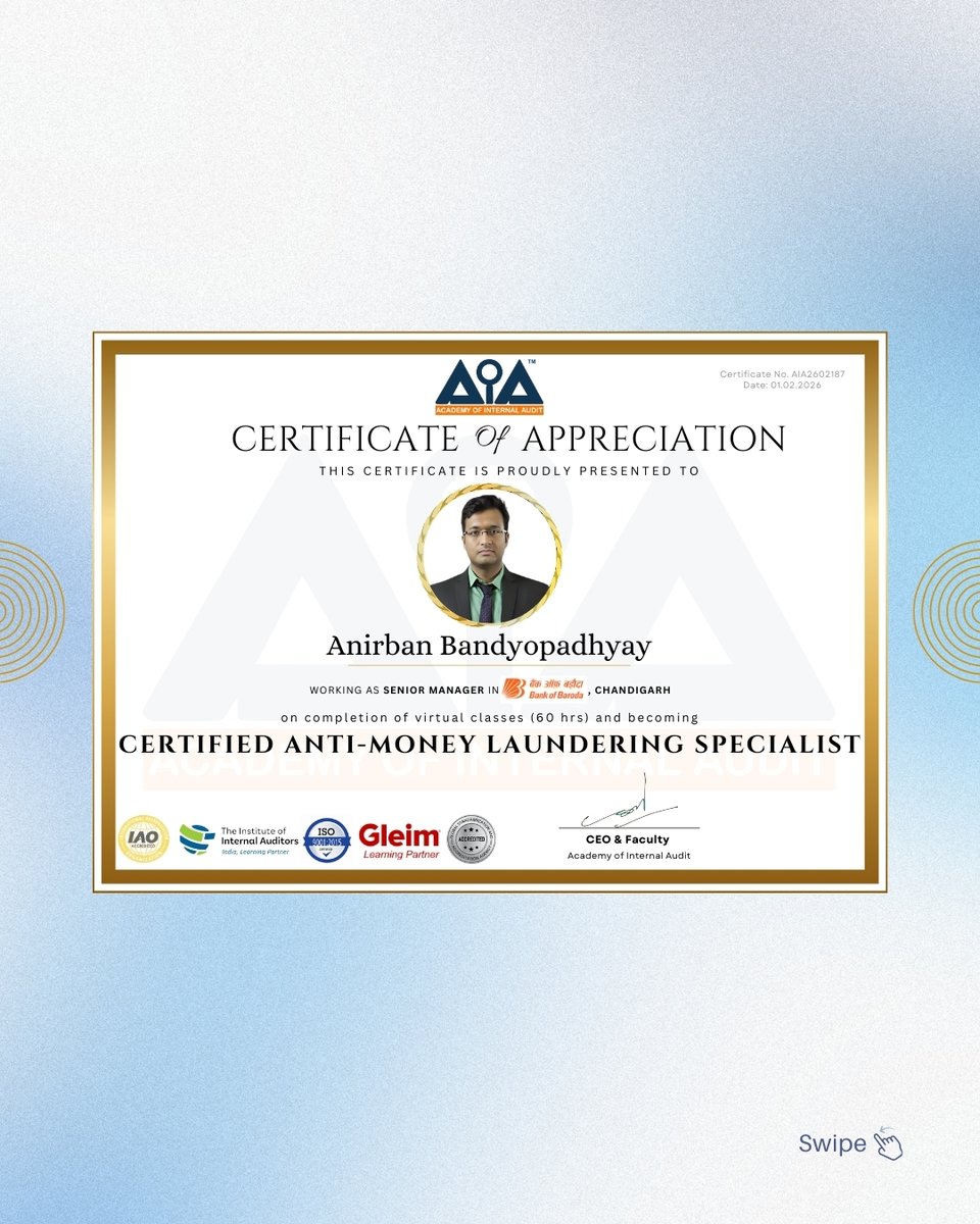 AcademyAudit's tweet photo. We do what we commit. Big congrats to our newly certified _ professionals👏🎉
As you move forward, may this milestone open doors to sharper roles, stronger confidence, & career opportunities.
#AIACertified #CAMSProfessionals #CareerMilestone #AMLcompliance #AuditProfessionals https://t.co/02m0pZFNVn