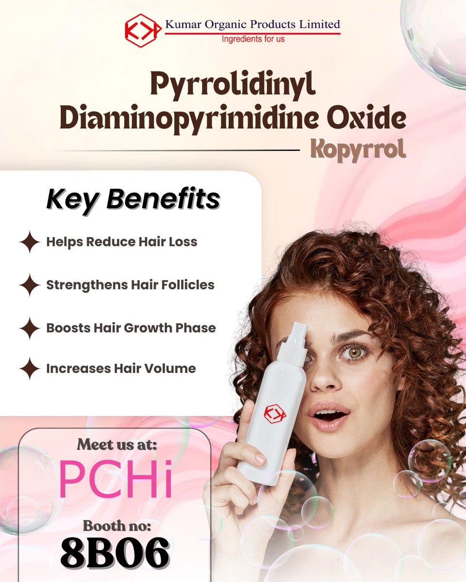 KumarOrganic's tweet photo. KOPYRROL โ Pyrrolidinyl Diaminopyrimidine Oxide
Supports weak follicles & enhances hair volume during growth phase.
Ideal for anti-hair loss formulations (use up to 5%).
๐ PCHI 2026 | March 18โ20
๐ Booth 8B06
#KOPYRROL #HairGrowth #PCHI2026 #CosmeticIngredients #KumarOrganic https://t.co/cXWW3zPvBH