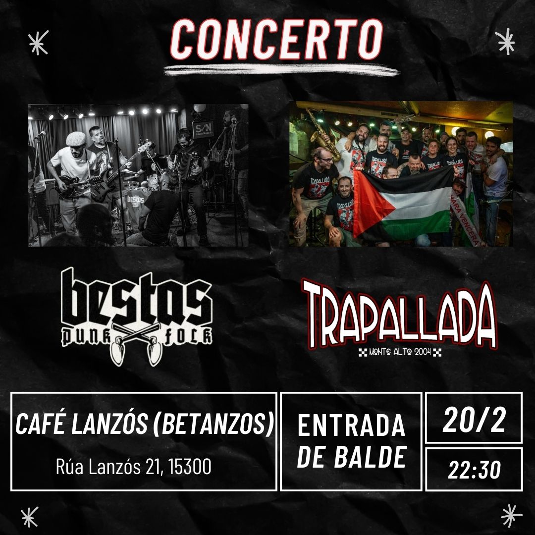 BETANZOS

📢 Volven os concertos, e neste imos estar en familia! Vémonos o venres 20 de febreiro, a partir das 22:30 no noso querido <a href="/CafeLanzos/">Café Lanzós</a>, cun novo repertorio. Compartiremos noite e música con #Bestas, presentando o seu novo traballo! 🔥

#TrapalladaEoé #AoVivo #2026