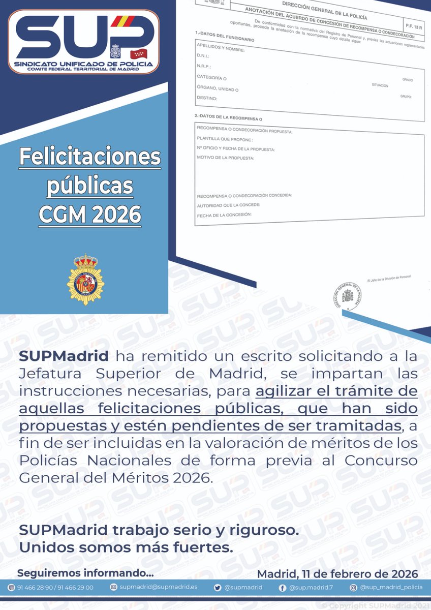 ⚠️ #FelicitacionesPúblicas sin tramitar❓️

📢 Desde SUP #Madrid hemos solicitado instrucciones claras para agilizar las felicitaciones públicas pendientes y que puedan computar en el CGM 202️⃣6️⃣.

✋️ 📝 ⛔️ Tus méritos no pueden quedar atrapados en el silencio administrativo.