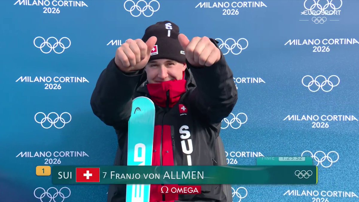 Eurosport_IT's tweet photo. Tre ori in cinque giorni per Franjo von Allmen 👏

🥇 Discesa Libera
🥇 Combinata a Squadre
🥇 SuperG

#MilanoCortina2026 #Olimpiadi #Olympics https://t.co/CUxNbI4q8m