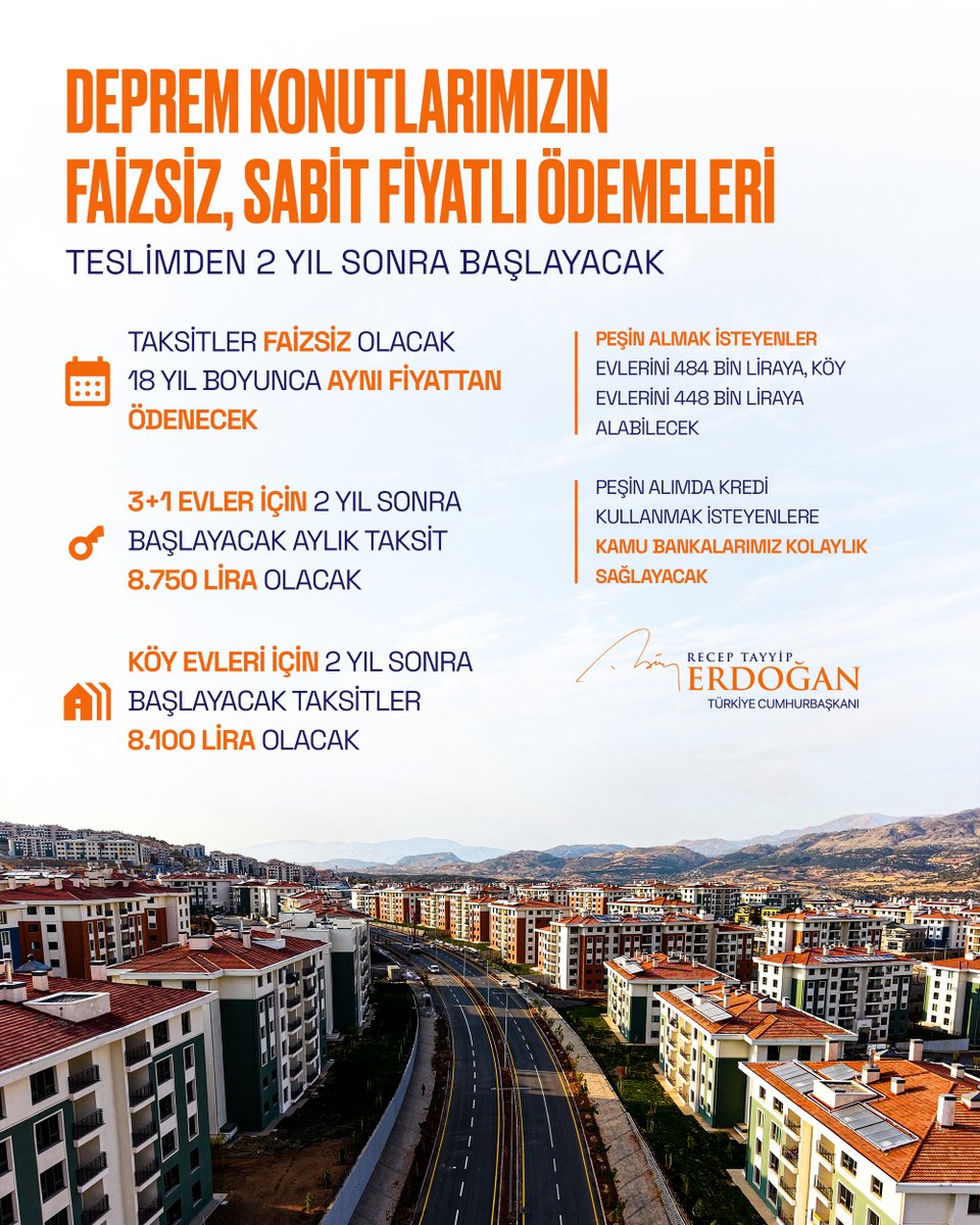 11 ilimizdeki vatandaşlarımız evlerine çok uygun şartlarla, faizsiz, sabit fiyatla zorlanmadan kavuşacak. Ödemeler teslimden iki yıl sonra başlayacak.

Vatandaşlarımız yeni evlerinde huzurla, güvenle, güle güle otursunlar…