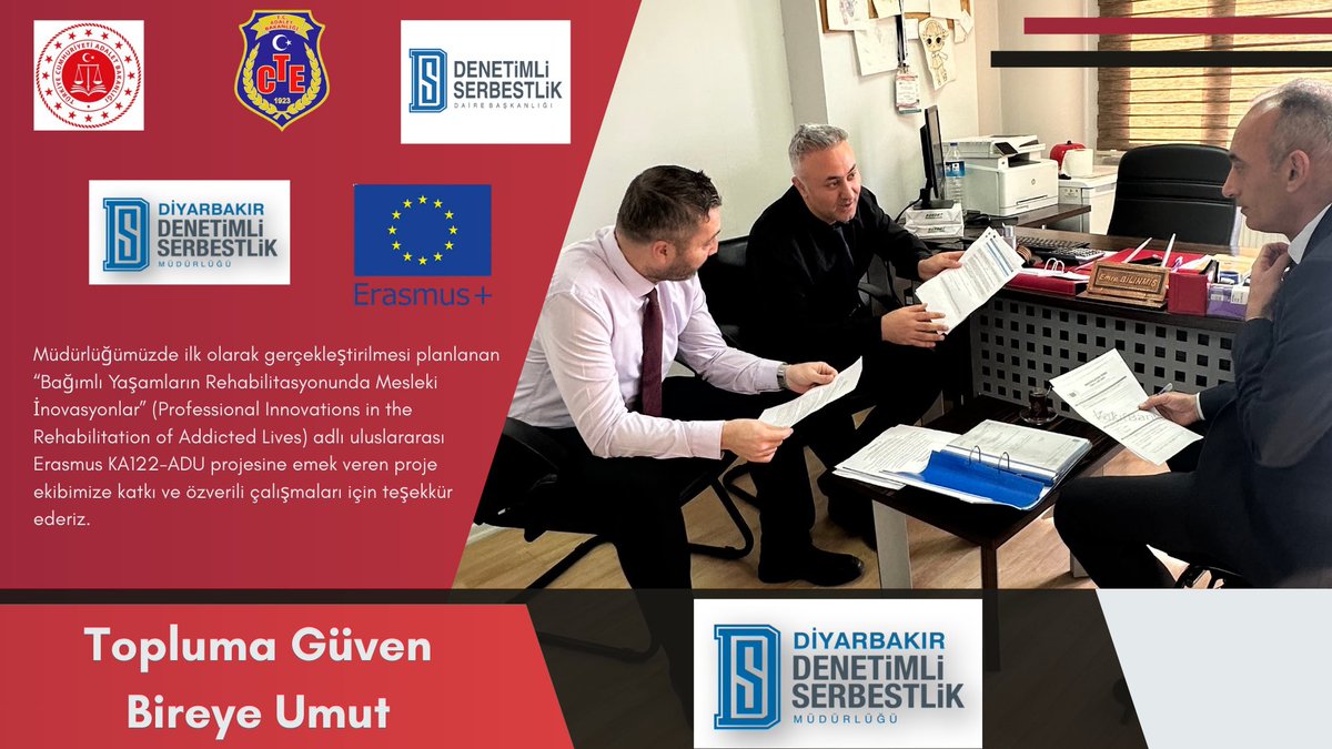 Müdürlüğümüzde ilk olarak gerçekleştirilmesi planlanan “Bağımlı Yaşamların Rehabilitasyonunda Mesleki İnovasyonlar” (Professional Innovations in the Rehabilitation of Addicted Lives) adlı uluslararası Erasmus KA122-ADU projesine emek veren proje ekibimize katkı ve özverili